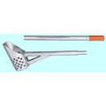 Here is our aluminum 5″ TRAVEL water scoop. It is our lightweight shallow water and beach scoop designed for travel. The aluminum bucket has 5/8″ diameter holes punched into the sides and the back of the scoop.  The bucket of the sand scoop is 5 ” in diameter by 9″ long. The aluminum 1-1/4″ diameter handle is welded at a 20 degree angle so you can use your foot on the back of this scoop to push it into the sand. The handle comes apart in the middle for traveling purposes. There is a T-top reinforced aluminum brace to give this scoop added durability.  The handle is 40″ long making the overall length of this scoop approximately 47″. The handle has a rubber hand grip for comfort. Made in the U.S.A. by Reilly’s Treasured Gold. If you are a traveler – this is the scoop for you! This is an excellent choice for a long handle travel scoop. This scoop weighs just 3.5 lbs.